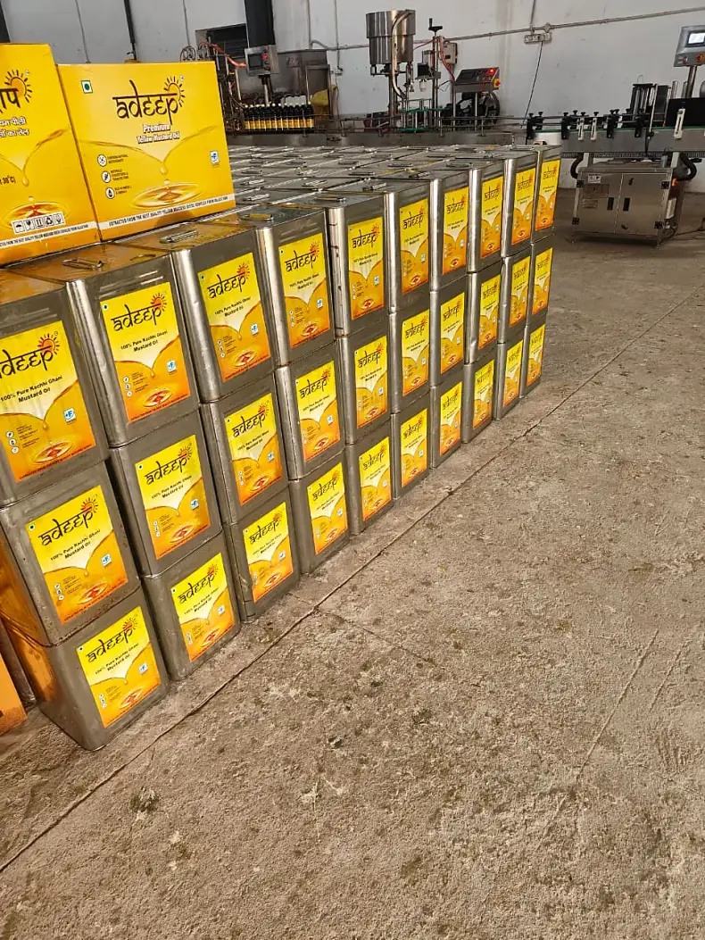 adeep 15 L tins stacked at the plant